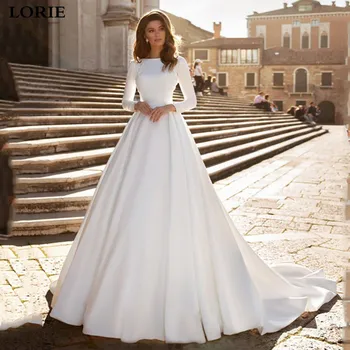 LORIE Princezná svadobné šaty, Saténové Dlhý Rukáv Nevesta Šaty Appliqued V Zadnej Dubaj Svadobné Šaty Vestido de Voiva Obrázok