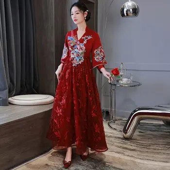 Yourqipao Čínsky Xiuhe Svadobné Oblečenie v Materstve Nevesty Červená Plus Veľkosť Cheongsam Tehotné Ženy Svadobný Prípitok Party Šaty Obrázok