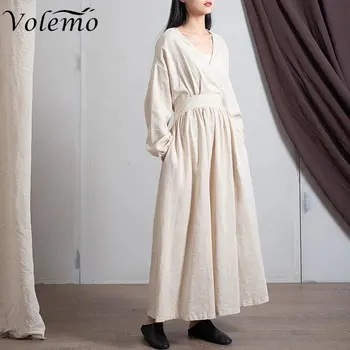2023 Jar Bavlnená posteľná Bielizeň Nové tvaru Voľné Farbou Dlho Vintage Šaty Nové 3 Farby Čínsky Štýl, Ženy Šaty Volemo Obrázok