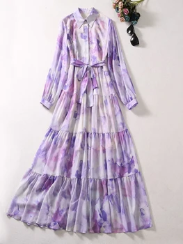 Elegantné Jeseň Dlhý Rukáv Maxi Šaty pre Ženy 2023 Dizajnér Tlač Fialová Vestidos Para Mujer Strany Dovolenku Župan Femme Obrázok