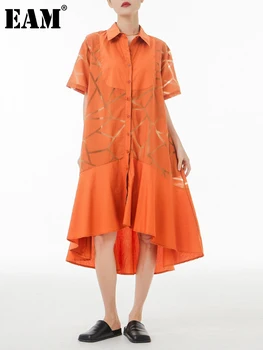 [EAM] Ženy Orange Perspektívy Veľká Veľkosť Volánikmi Tričko Šaty Nové Klope Krátky Rukáv Fashion Príliv Jar Leto 2023 1DE9785 Obrázok
