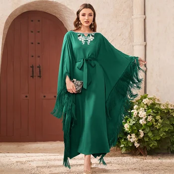 Kaftan Pre Ženy Voľné Rukávy Zelené Šaty Okolo Krku Kvet Bat Rukáv Strapec Župan Abaya Pre Ženy Marocký Kaftane Royal Obrázok