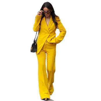 Ohromujúci Žltá 2 Ks Dámske Odevy Nastaví Jedno Tlačidlo Slim Fit Denne Streetweart Prispôsobené Obličkového Nohavice Office Lady Sako Obrázok