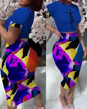 Letné Oblečenie pre Ženy 2023 Sexy Party Svadobný Hosť Abstraktné Geometrické Tlač Top a Vysoký Pás Sukne Nastaviť Žien Vyhovuje Nové Obrázok