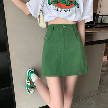 Y2k Módne Denim Sukne dámske Letné Zelené Vysoké strede zúžený Vintage Umyté Streetwear kórejský Štýl Bežné Zábal Hip Sukne Obrázok