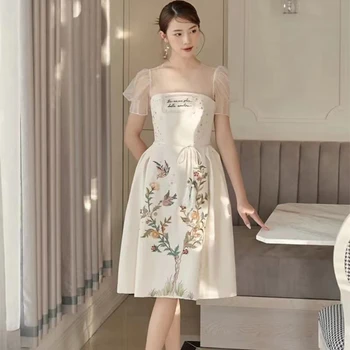 Luxusné 2023 Marhuľový Elegantné Ženy Kvetinové Šaty Vytlačené Diamond Vintage Oblečenie Lístkového Rukáv Oka Patchwork Letná Party Vestidos Obrázok