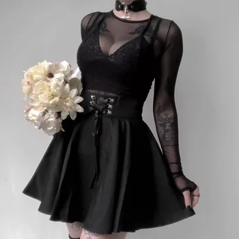 Japonský Štýl Lumbálna Black JK Bublina Sukne dámske Krajky-up Späť Zip Iny Dievča Skladaný mini gotický čiernej sukni Obrázok