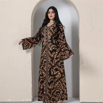 Abayas pre Moslimských Elegantné Ženy Diamanty Tlačiť Bežné Maxi Šaty Turecko arabčina Kaftan Dubaj Saudskej Župan Maroko Jalabiya Vestidos Obrázok