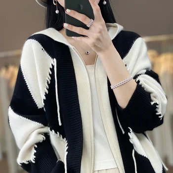 Dámske kapucňou 100% cashmere vlnený sveter high-grade bežné pletené dámske cardigan cashmere sveter hot predaj WOTEEWS značky Obrázok