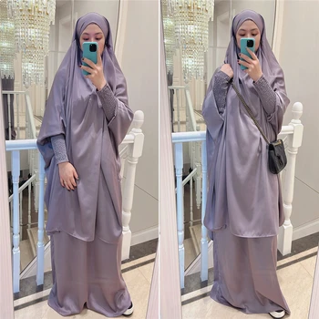 Eid Kapucňou Abaya 2 Kus Jilbab Ženy Moslimské Modlitby Odev Dlho Khimar Hidžáb Oblečenie Ramadánu Šaty Abayas Sukne Nastaviť Islam Oblečenie Obrázok
