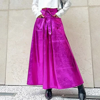 Zabrina Fialová Dlhé Sukne Pre Ženy Jeseň Nové Elegantné Vysoký Pás Krajky-Up Sukne Y2k Zips Voľné A-Line Šaty Bežné Streetwear Obrázok