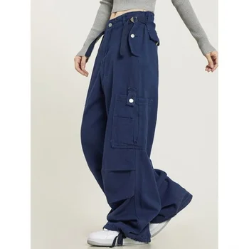Šnúrkou Elastické Pás Multi Vrecku Širokú Nohu vysoko strede zúžený džínsy dámske Voľné Rovno modré džínsy pre ženy Vintage mama džínsy Obrázok