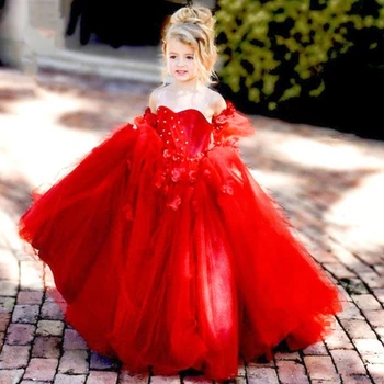 Vynikajúce Červená Princezná Kvetina Dievča Šaty Appliques Loptu Narodeninovej Party Sprievod Dieťa Župan Prvé Sväté Prijímanie Šaty Obrázok
