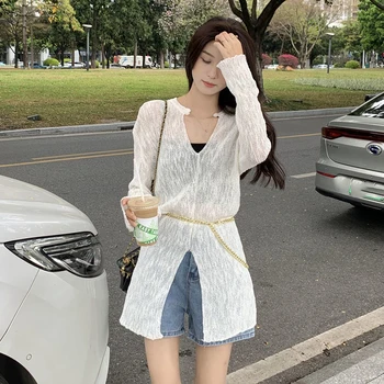Letná Tenká, Pevná T-košele pre Ženy Candy Farby Nadrozmerné Pletené Vidieť Cez Y2k kórejské Oblečenie Móda Ochrana proti Slnku Topy Obrázok