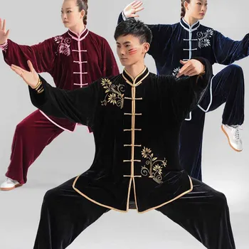 Unisex Kung Fu Kostým Jeseň Zima Velvet Výšivky Tai Chi Praxi Oblečenie Pribrala Bojových Umení Výkon Oblečenie Obrázok