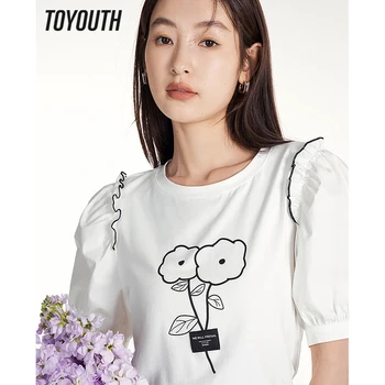 Toyouth Ženy T-shirt 2023 Lete Lístkového Rukávy Okrúhle Krčný Voľné Tees Kvetinový Tlač Patchwork Čipky Bežné Elegantné Biele Topy Obrázok