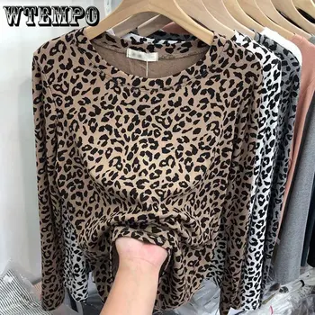 WTEMPO Leopard Tlač T-Shirts Ženy Dlhý Rukáv Jar Jeseň Nový Štíhly kórejský Blúzky Ženskej Módy All-zápas O Bežné Tvaru Topy Obrázok