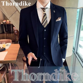 Thorndike Mužov Vyhovovali Nastaviť Formálne Prispôsobiť Oblek 3ks Bunda & Vesta & Nohavice Sako pánske Oblečenie Námornícka Modrá Ženícha Svadobný Oblek Obrázok