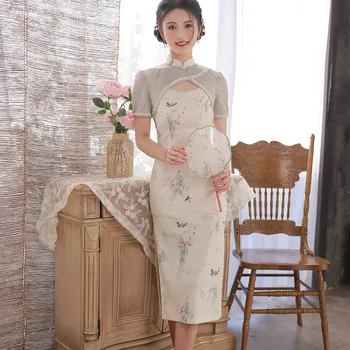 Letné Oblečenie Žien Čínsky Štýl Šaty Retro Mandarin Golier Cheongsam Elegantný Krátky Rukáv Qipao Vestido Obrázok