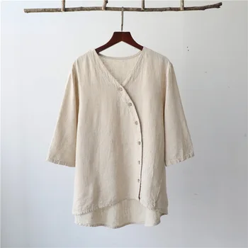 J028 2023 jar a v lete nové bavlny, konope žien voľný piesok umývanie tvaru blúzka krátkym rukávom dámske tričko Obrázok