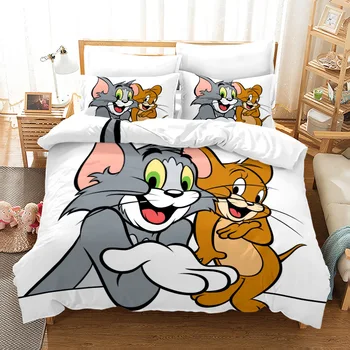 Myš Jerry posteľná bielizeň Nastaviť 3D Tlač Kráľovná Twin Jeden Mačka a Kocúr Perinu Nastaviť obliečka na Vankúš Deti Cartoon Posteľ Nastaviť Obliečky Domov Obrázok