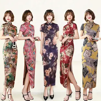 Nový Ženy Cheongsam Kvetinový Tlač Tenký, Krátky Rukáv Rozdelí Čínskej Tradičnej Midi Šaty pre Strany Obrázok
