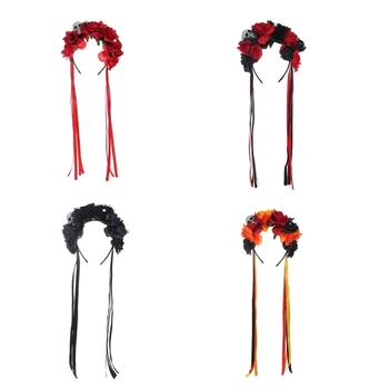 Halloween Hairband Ruže Kvet Gothics Lebky Hlavový Most Kostým Pre Dospelých Žien Cosplay Pokrývky Hlavy Festival Náhlavnej Súpravy A Príslušenstvo Obrázok