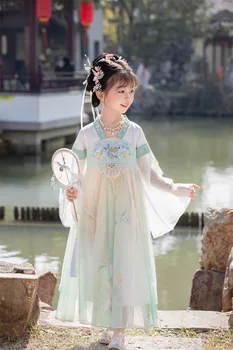 Staroveké Svetlo Zelená Tlač Šaty Čínsky Hanfu Dievčatá Kostým Deti Rozprávky Cosplay Fáze Nosenie Obrázok