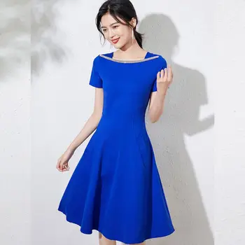 Modré šaty pre ženy s vreckami rovné krku, pevné, stredne dlhé šaty pre ženy pás zníženie 2023 Letné šaty zena top Obrázok