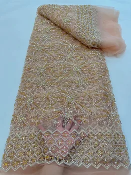 Luxusné Francúzske Korálkové Tylu Čipky Textílie Afrika Výška Qualiy Ťažké Ručné Flitrami Čipky Textílie Francúzsky Pre Ženy, Svadobné Šaty Obrázok