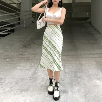 Ženy Jar Harajuku Estetické Vysoký Pás Zelená Tie-Dye Dot Prekladané Vytlačené Midi Sukne Package Hip Dlhé Rovné Streetwear Obrázok