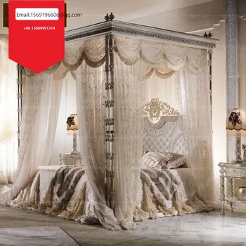 Francúzsky luxusná manželská posteľ vyrezávané princezná posteľ opony posteľ palace luxury polica posteľ Európskej masívneho dreva strieborné fólie posteľ Obrázok