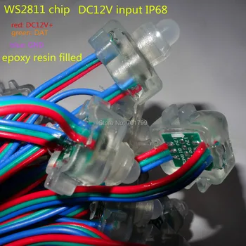 DC12V WS2811 LED smart reťazec,adresný,s RGB farebný drôt,IP68 menovitý;epoxidové živice plnené;100ks reťazec Obrázok