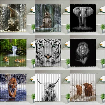 Dobytok Zebra, Slon Tiger, Leopard Zvierat Nepremokavé Sprchové Závesy Transparant Plastov Pre Kúpeľňa Sady Textílie Háčiky, Krúžky Obrázok