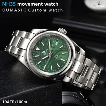 OUMASHI 39 mm pánske hodinky NH35 strieborný pásik sapphire crystal svetelný dial automatické striebro vodotesné 100m aseptické sledujte zelená Obrázok