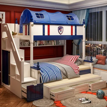 postele s poschodovou posteľou, chlapci s dvoma alebo dva podlahy z masívneho dreva s vysokou a nízkou miest, posuňte miest, matka a manželskou posteľou. Obrázok