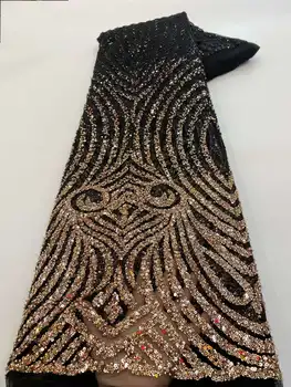 Luxusné Afriky Čipky Tkaniny Vyšívanie Korálkami Party Šaty Pre Ženy Čierny Tyl Šitie 5Yard Flitrami Oka Textílie Metrov XZ Obrázok