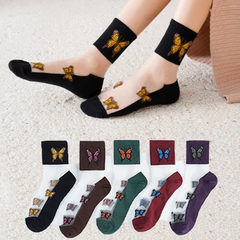 Vzor Motýľ Bavlna Spodný Transparentné Ponožky Zmiešaných Vlákien Crystal Úsek Pružnosť Členok Čistý Priadza Tenké Ženy V Pohode Ponožky Obrázok