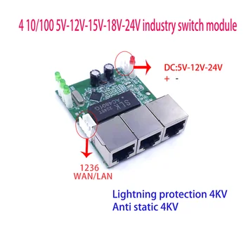Mini PCBA 4Ports Priemyselné switch modul 10/100Mbps 5V 12V 15V 18V 24V Lightning 4KV ochrana Proti statickej 4KV Obrázok