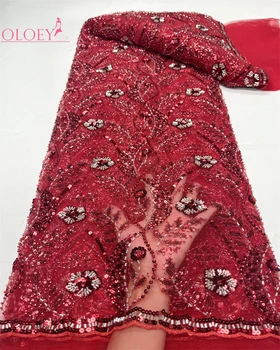 Móda Elegantný Francúzsky Vyšívanie Korálkami Čipky Textílie Afriky Nigérijský S Flitrami Textílie Pre Svadobné Šaty Obrázok