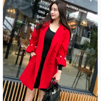 Červená Vlnené Kabát dámske vrchné oblečenie 2023 Nové Jar a na Jeseň Polovice Dĺžky Lady Oblečenie Obrázok