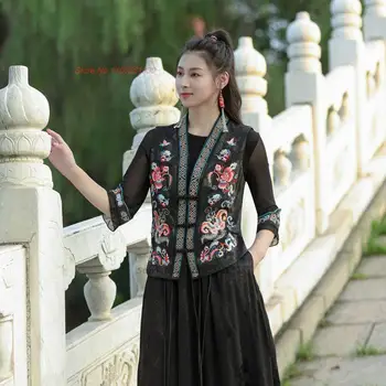 2023 čínsky vintage gilet národnej kvetinové výšivky vesta čínskom tang vyhovovali satin žakárové bez rukávov bundy vesty vesta Obrázok