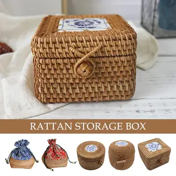 Nové Kolo Ratan Krabice s Vekom, Ručne Tkané Multi-Účel, Aby Ploche Úložný Box Šperky Až Dekorácie Organizátor Prútia Tr U1N1 Obrázok