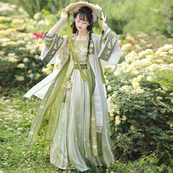 Pieseň Dynastie vyrobené lete Hanfu žien Chinoiserie pás dĺžka sukne zelená super víla elegantné Han Xuqing gardenia šaty Obrázok