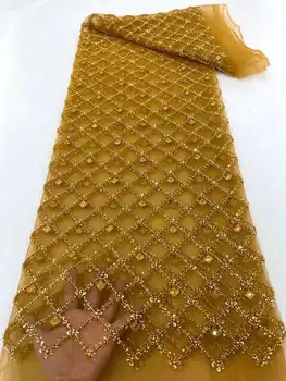 Francúzsko High-End Ručný Korálkové Čipky Textílie Nigérijský Výšivky 3D Korálky, Flitre Oka Textílie, Čipky Pre Svadobné Šaty Obrázok