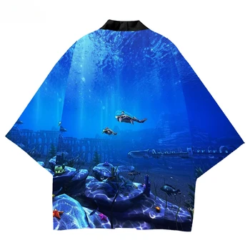 3D Tlač Kimono Mužov Japonský Blue Podmorských Cardigan Top Black Potápanie Muž Japon Streetwear Cosplay Yukata Obrázok