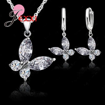 Rýchle Dodanie 925 Sterling SIlver Crystal Motýľ Módny Náhrdelník Prívesok Náušnice Šperky Set Pre Ženy, Svadobné Bijoux Obrázok