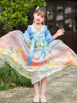 Dievčatá, Deti, Modrá Kvetinové Výšivky Hanfu Čínskej Ľudovej Deti Strany Princezná Kostýmy Víla Šaty Cosplay Obrázok