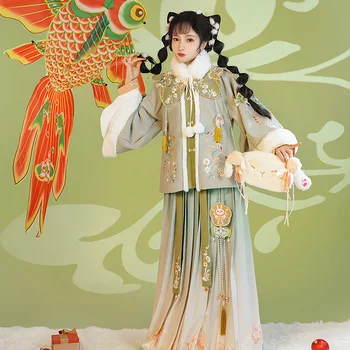 Zimné Hanfu Princezná Dynastie Ming Velvet Kolo Krku Kabát Cloud Ramenný Skladaná Sukňa Oblek Obrázok