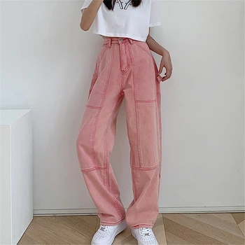 Žena Džínsy Streetwear Vintage Kvality Harajuku Rovné Nohavice Vysoký Pás Širokú Nohu, Oblečenie Ružové dámske Džínsové Nohavice Obrázok